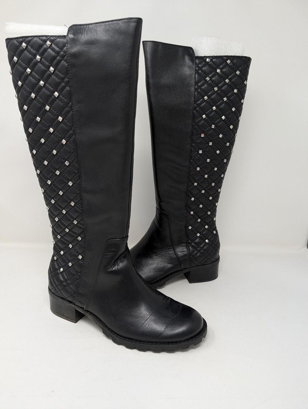 Adrienne Vittadini Black & Silver Quilted Studded Knee-High Boots Size 6